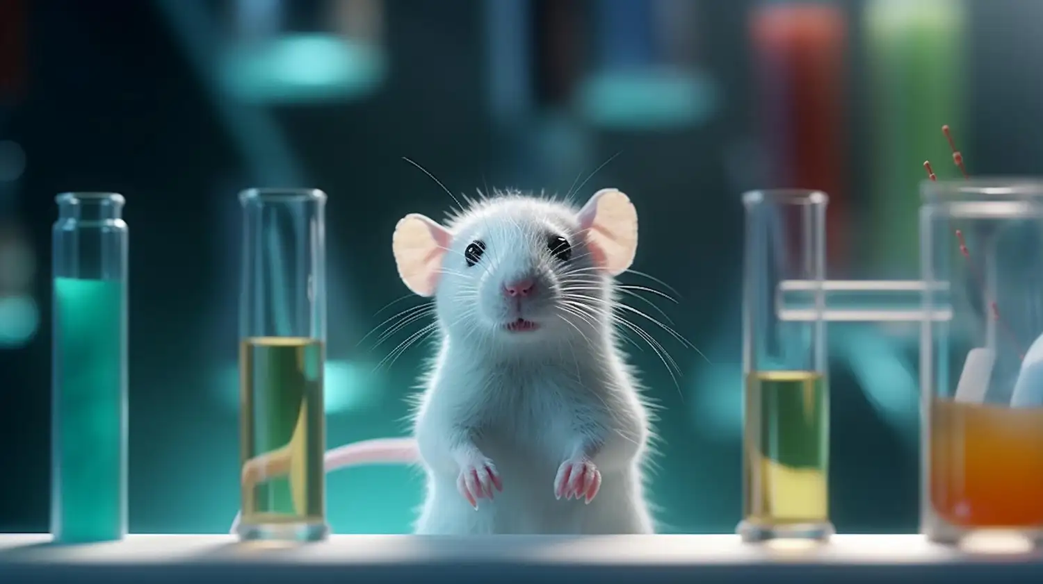 A white laboratory mouse standing on its hind legs with several test tubes next to it