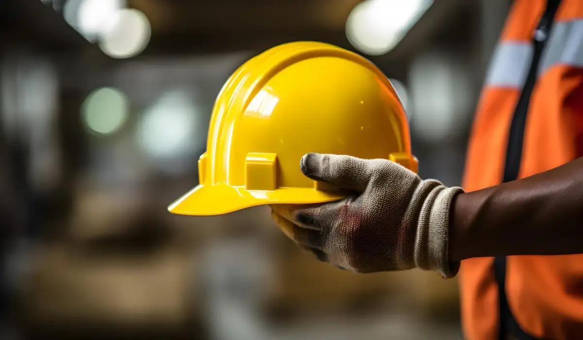 Highly skilled construction worker protecting with helmet in a warehouse