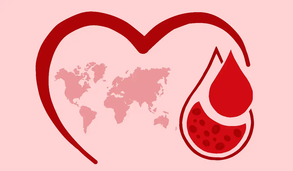 A heart margin enclosing the world map and a drop of blood symbolizing hemophilia
