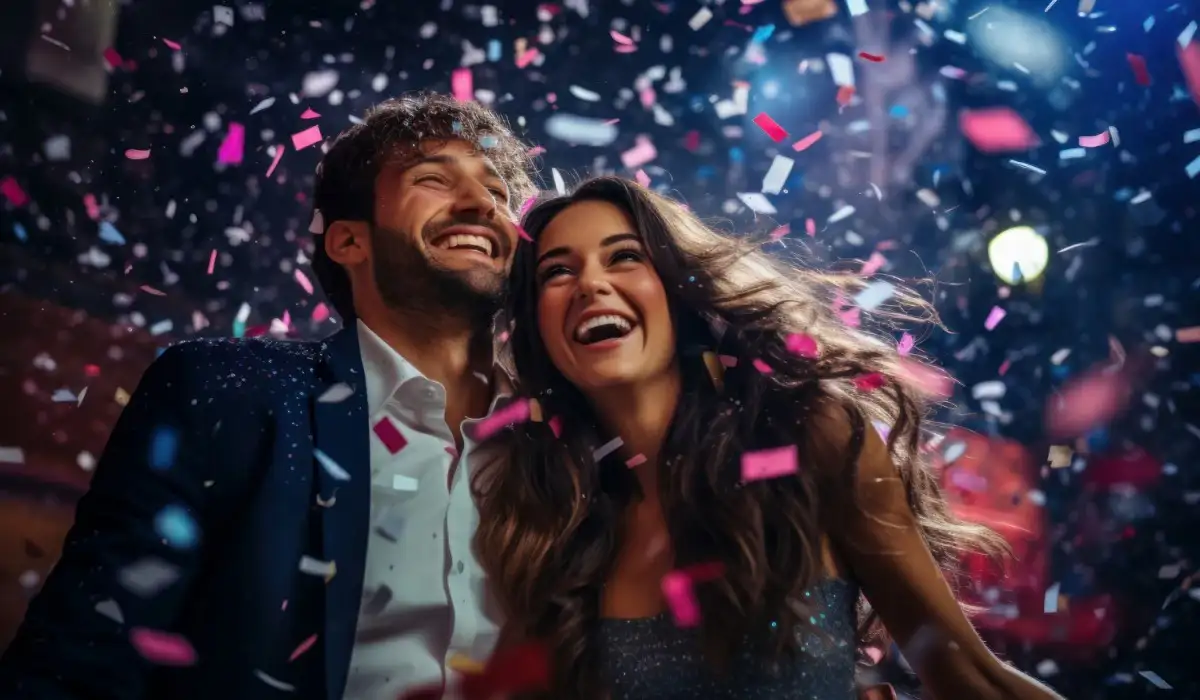 Couple celebrating at a party with confetti