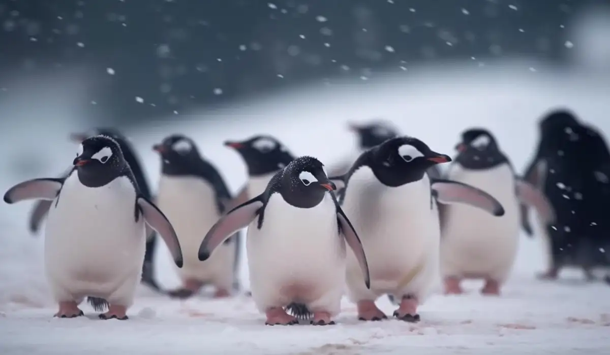 Penguins walking in a snowy colony
