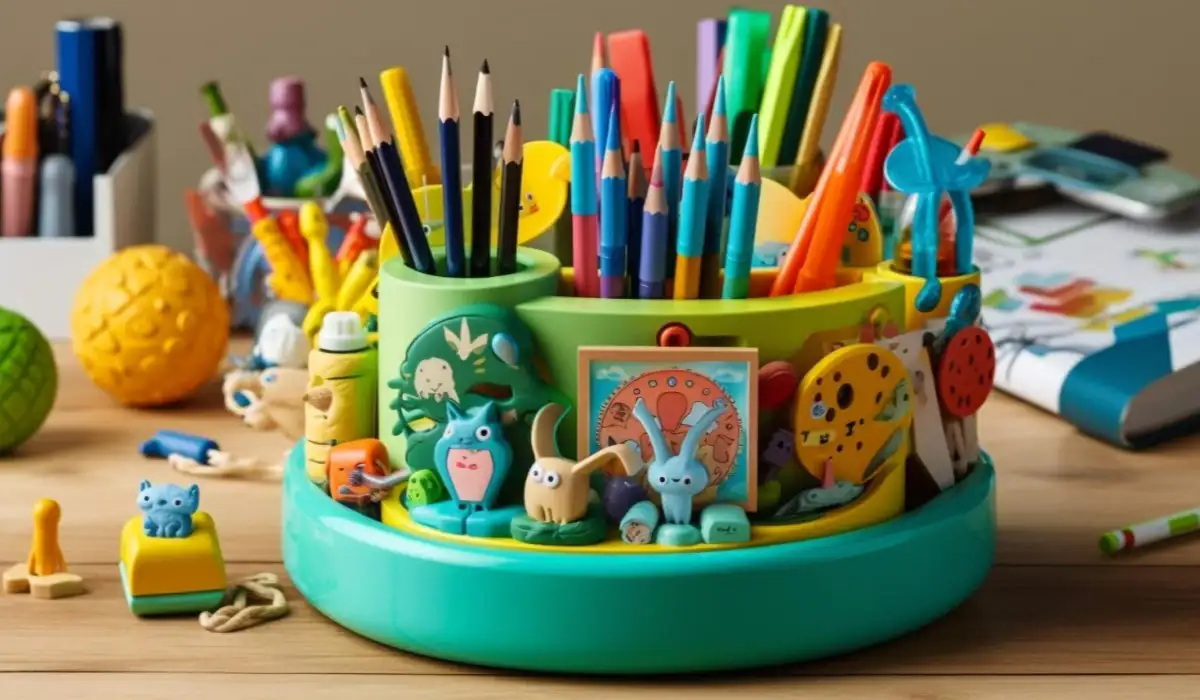 Very creative children's stationery with multicolored objects and many figures.