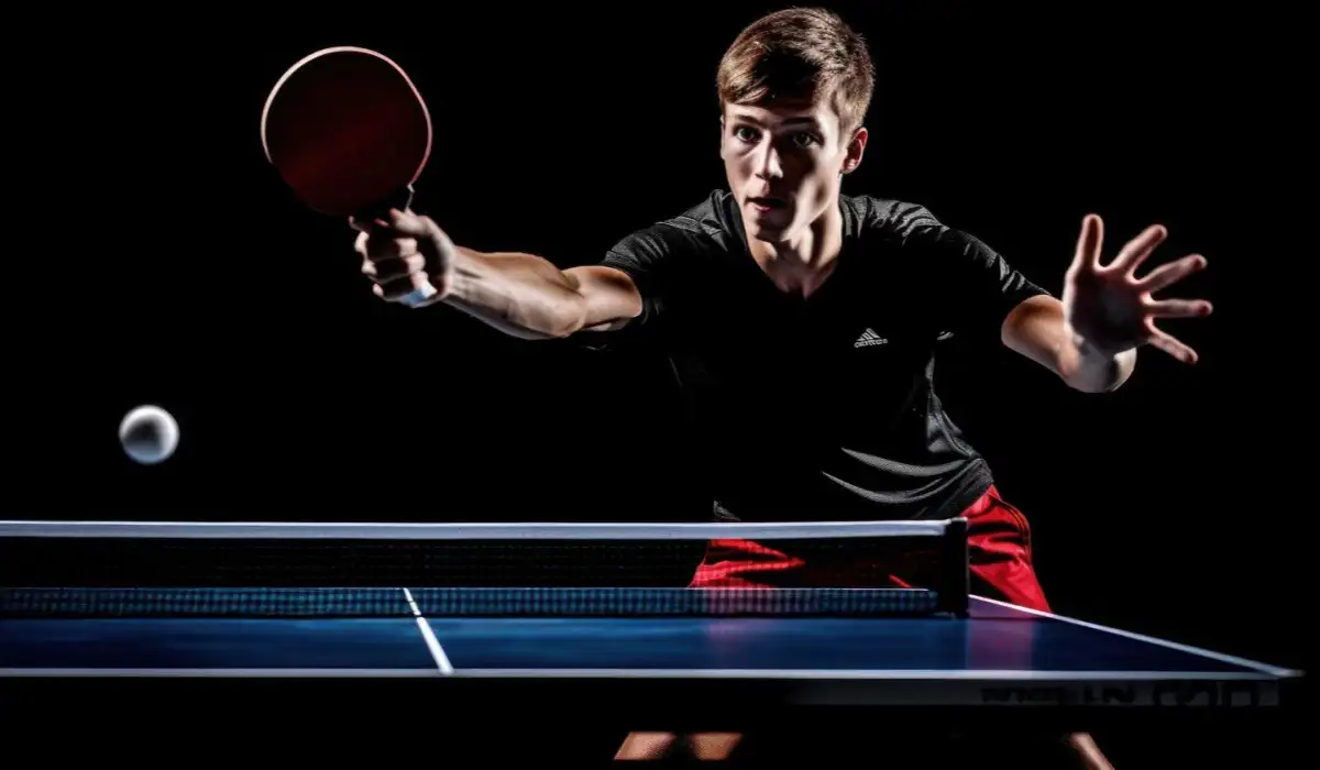 A man playing table tennis in a dark room