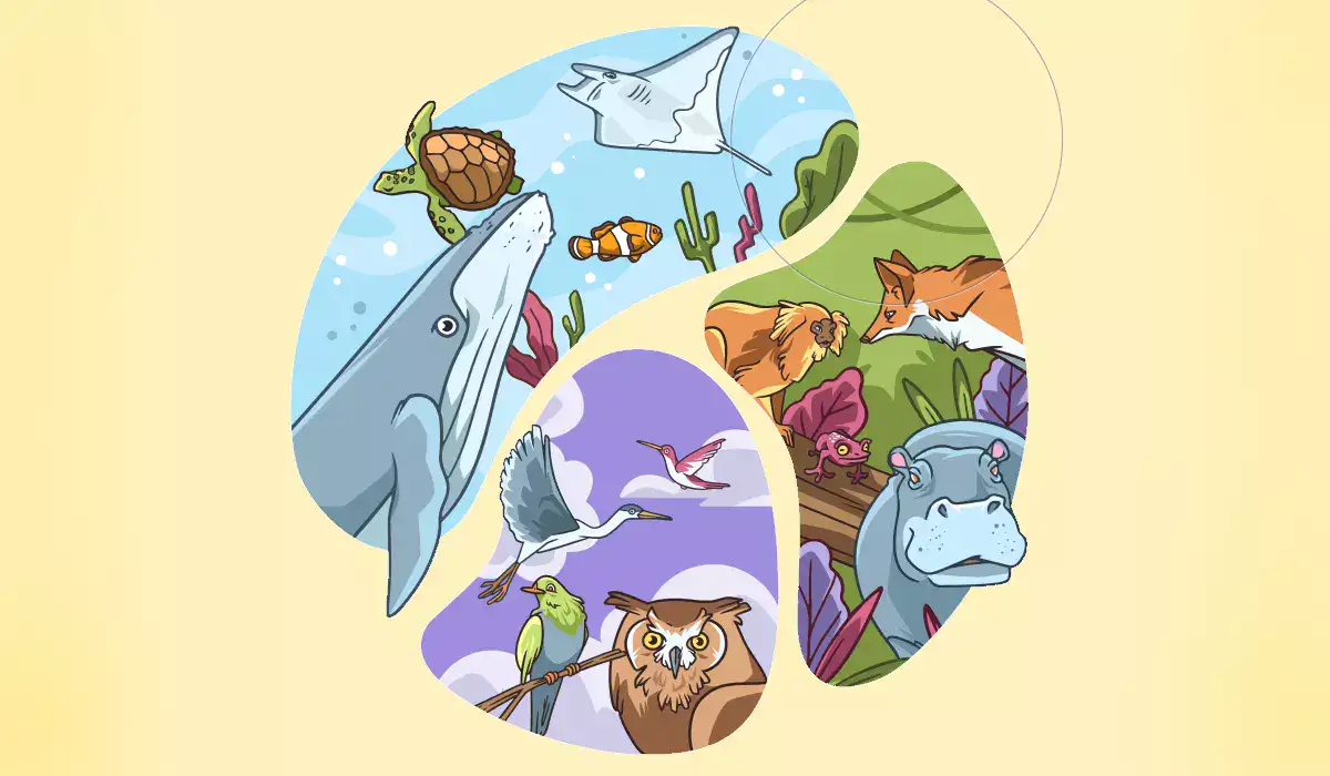 Various animals representing biodiversity hand drawn