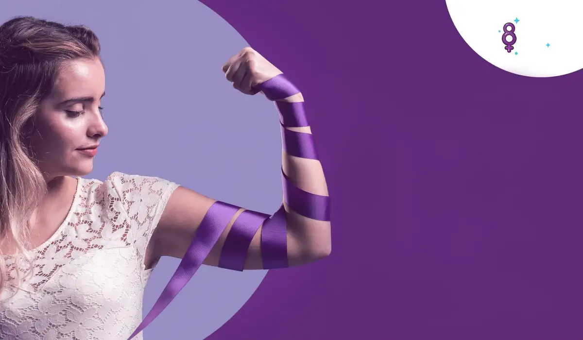 Beautiful woman with a ribbon wrapped along her arm, with a purple background