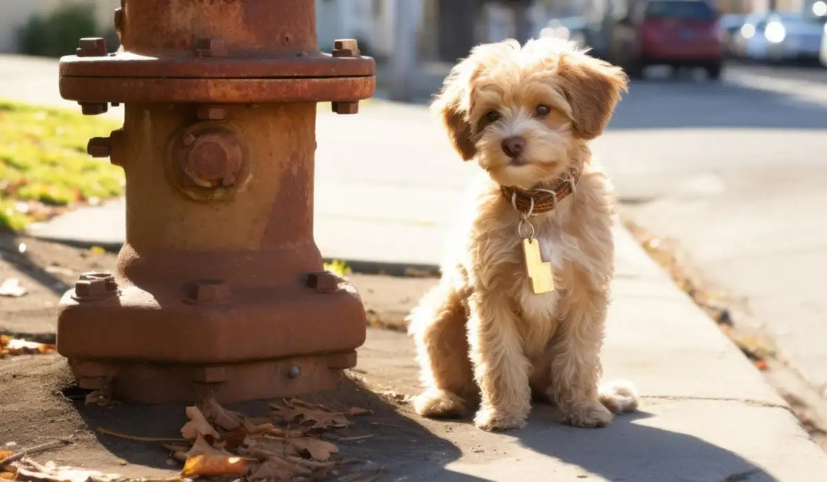 Cute puppy sitting next to a fire hydrant