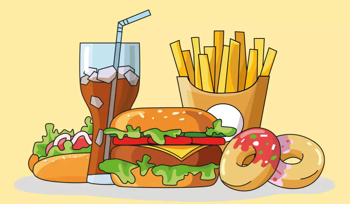 Fast food set with french fries, hamburger with meat, hot dog, donuts, glass of soda