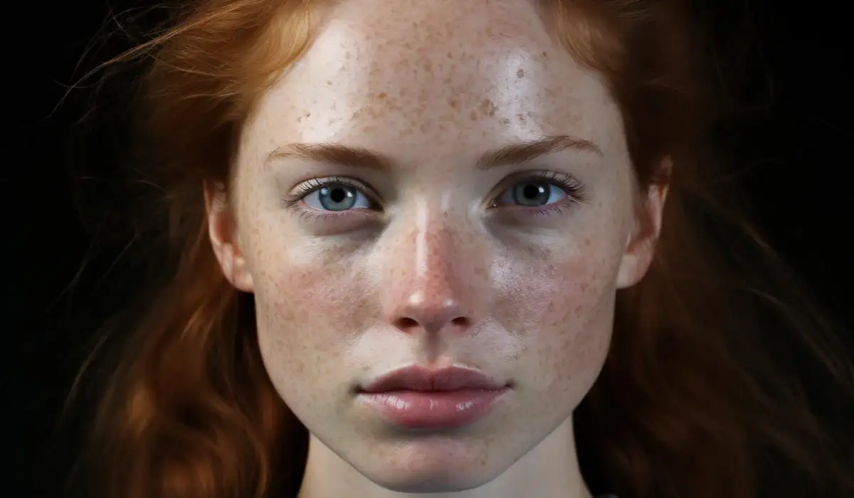A pretty young woman with red hair looking straight ahead with pigmentation on her skin