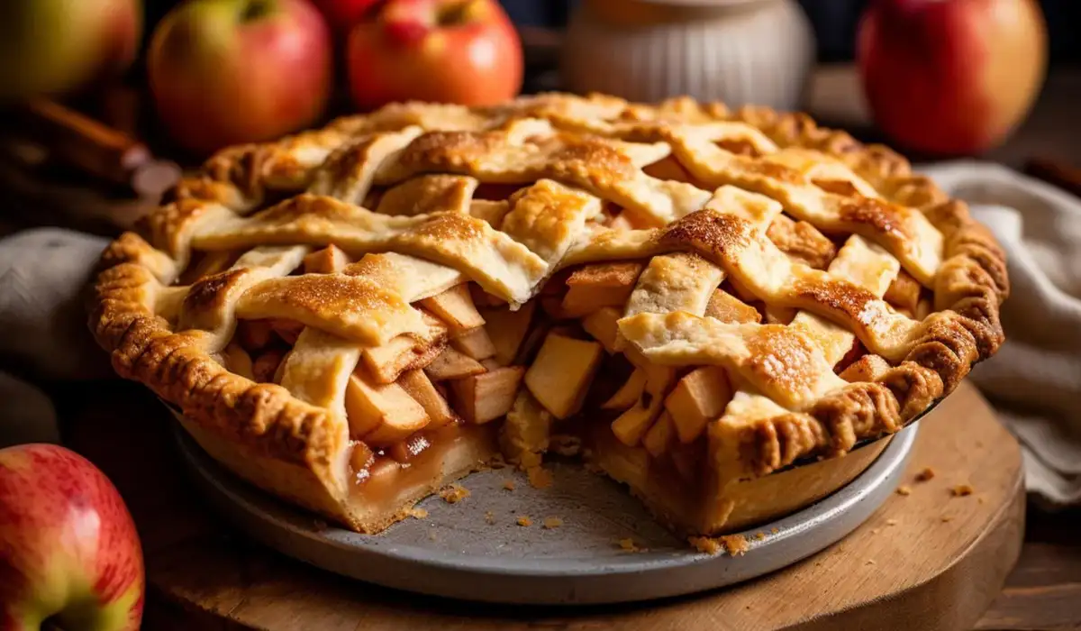 A homemade apple pie with a flaky crust