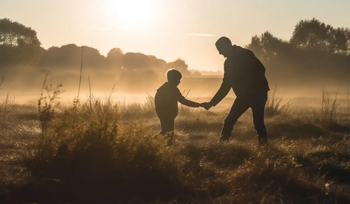 Family bonding between two brothers in nature at sunset