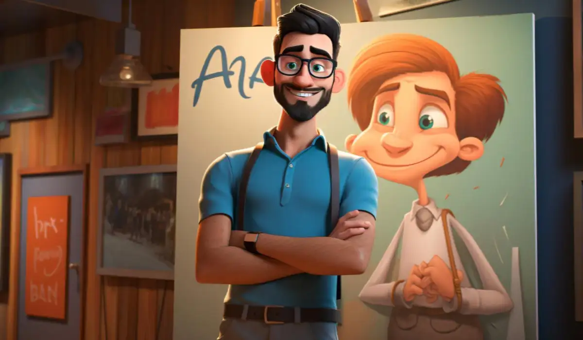 A man standing in front of a cartoon drawing