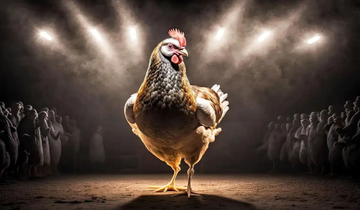 Portrait of chicken as a dancer on stage under the spotlight and audience