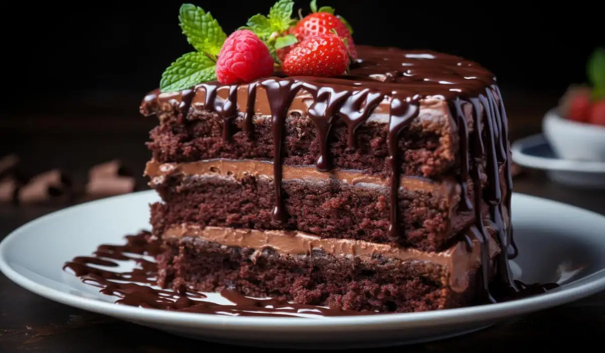 A delicious slice of homemade chocolate cake with fresh strawberries