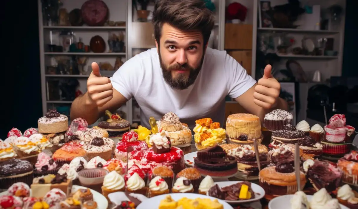 Man with varies food on the table