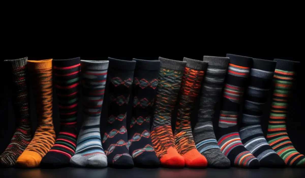 Collection of different patterns of colorful socks in a row on black background