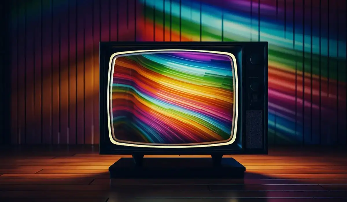 A black color television with a colorful background