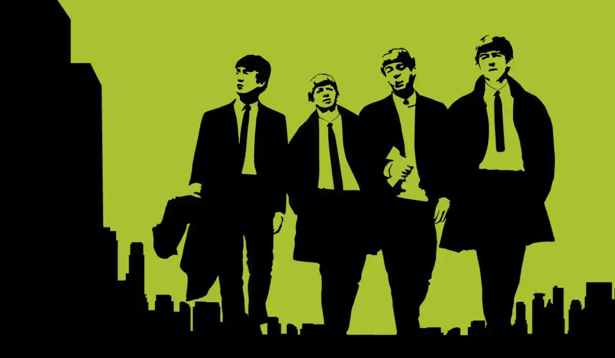 Illustration of the Beatles walking over a city on a green background