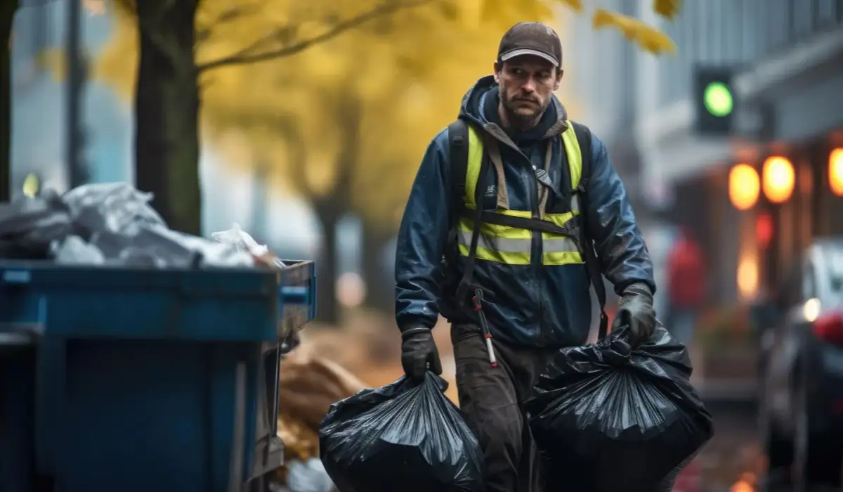 Garbage collector walking alone on the city streets