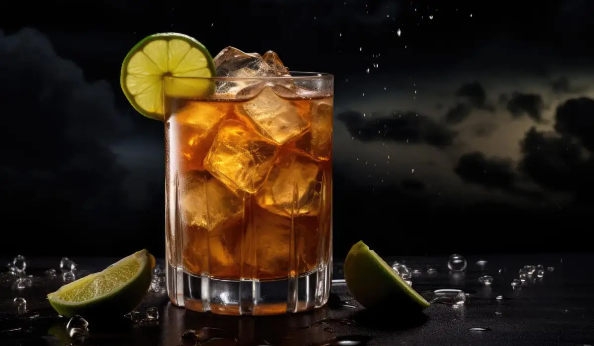 A Dark 'n' Stormy cocktail with dark rum floating gently over ginger beer highlighting the cocktail