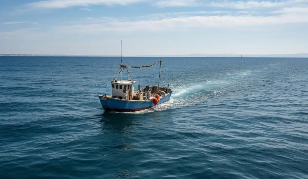 A fishing boat in the ocean with a blue sky and clouds.