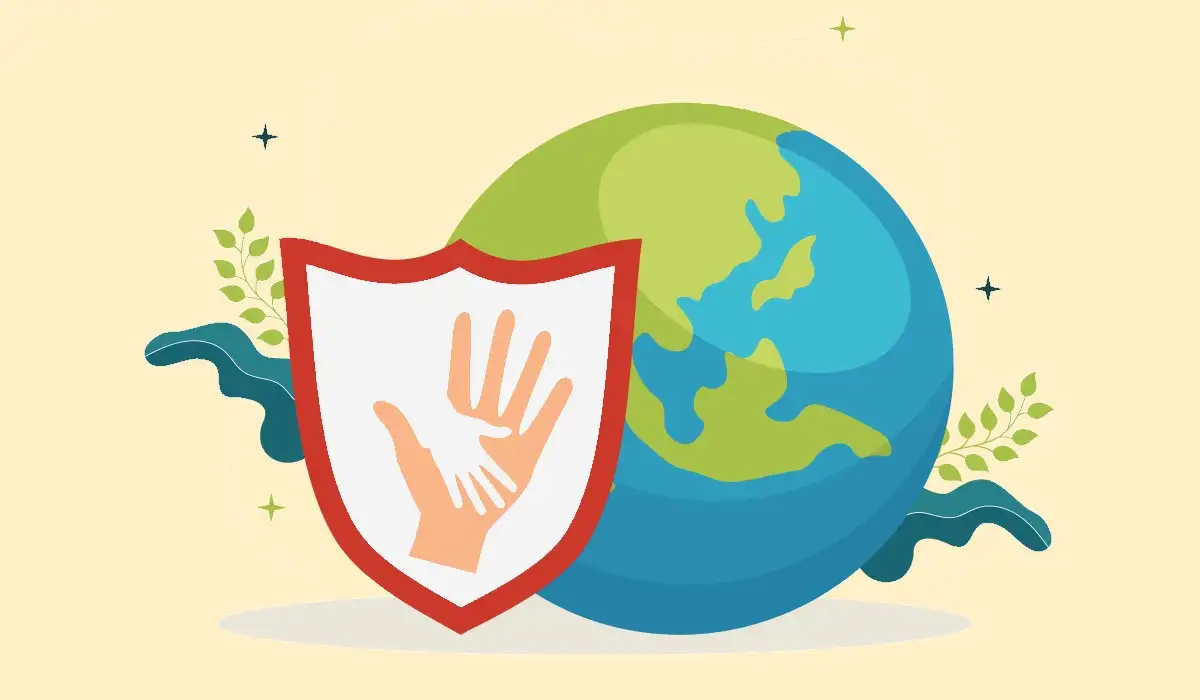 International day of innocent children victims of aggression with a planet with a shield full of child and adult hands