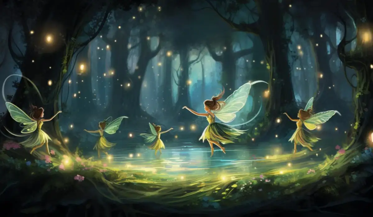 Several fairies dancing in the enchanted forest