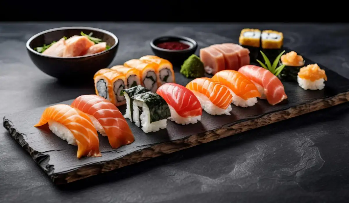 Sushi, nigiri and rolls on wooden serving board