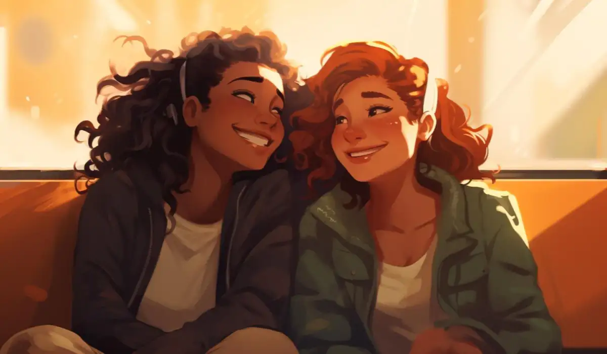 Best friends sitting next to a window in the afternoon, looking at each other in a friendly way and smiling, all animation style