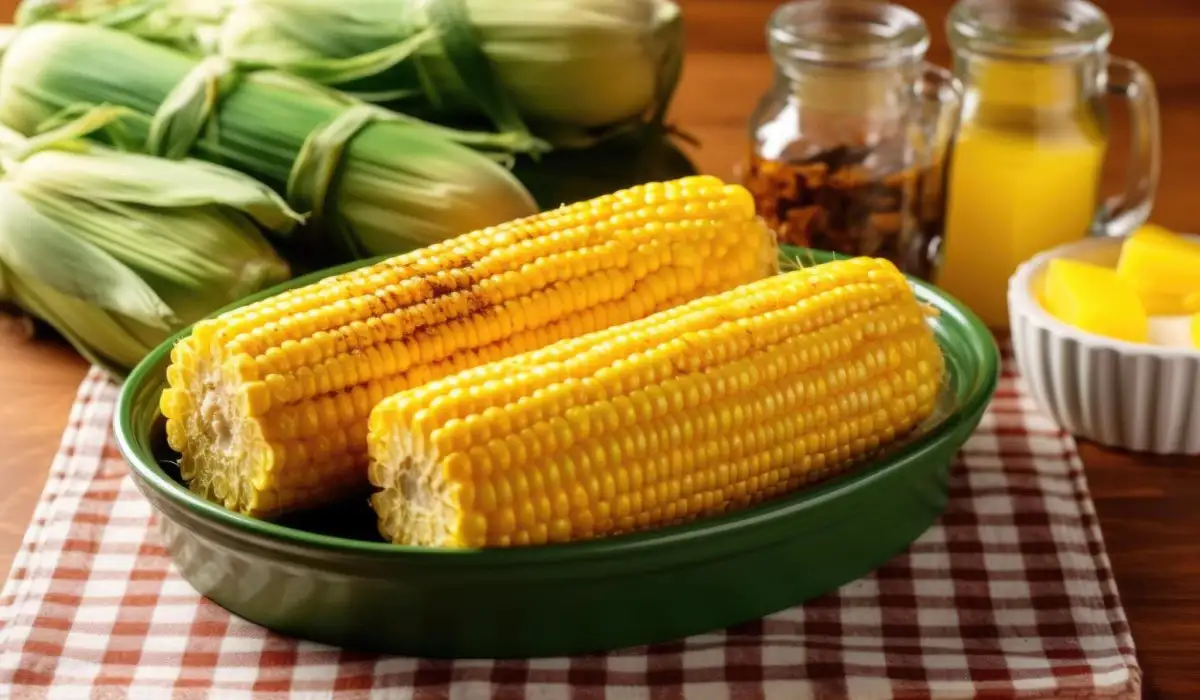 Sweet corn with butter glaze on a corn stand