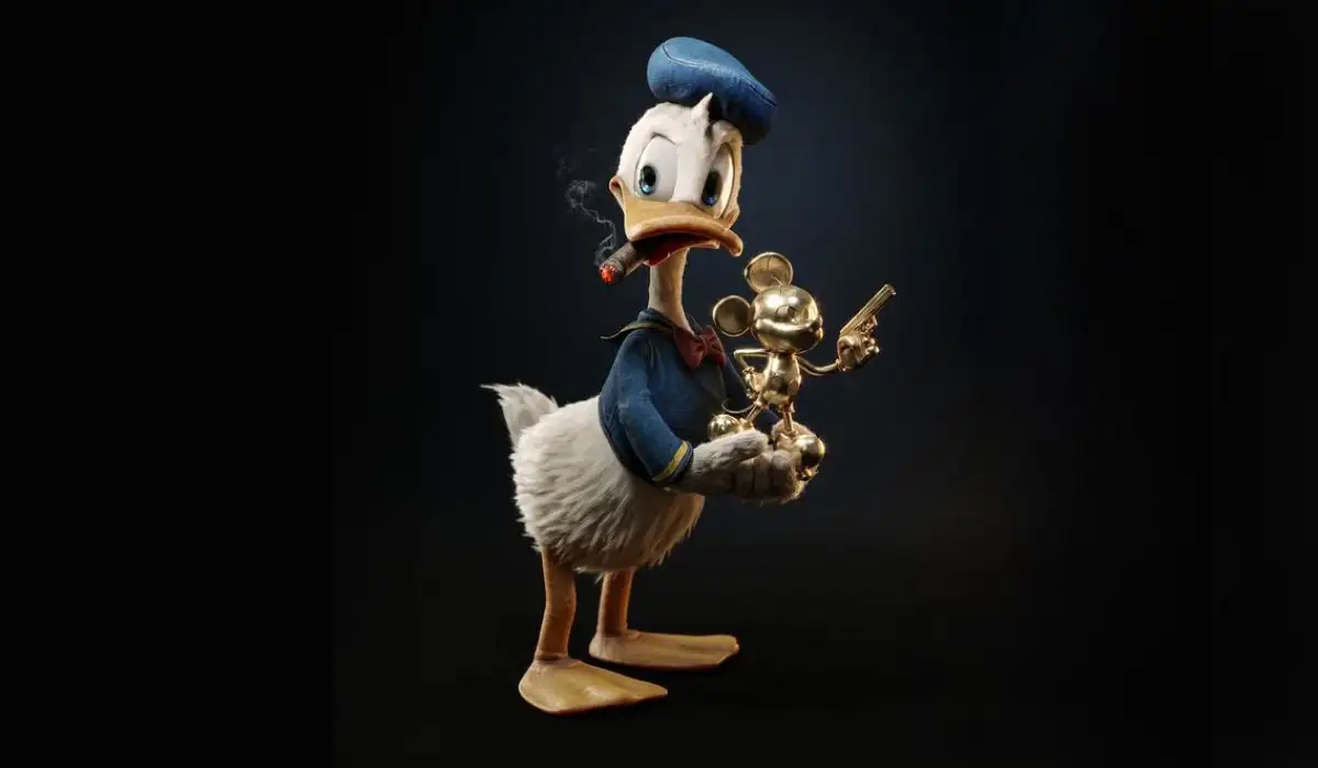 Donald Duck smoking a cigar with a gold Mickey Mouse figure with a gun in his hands