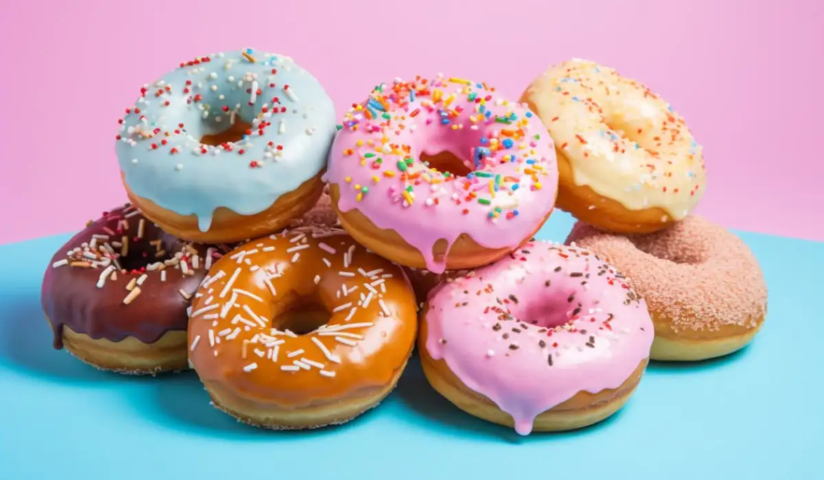 Delicious donuts stacked on a pastel colored background