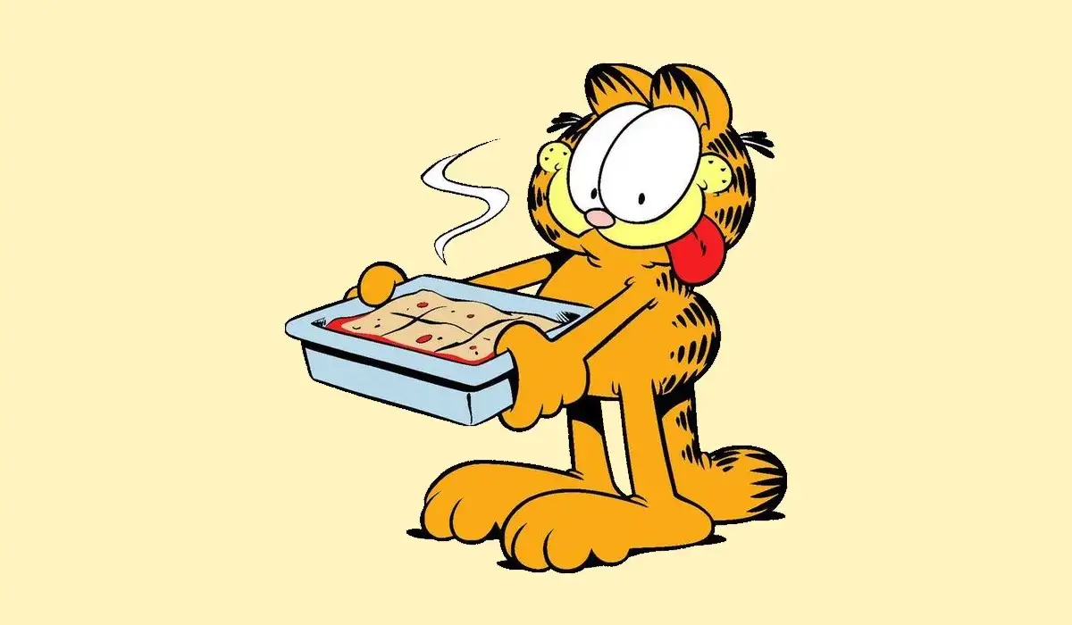 Garfield the cat with a can of lasagna fresh from the oven
