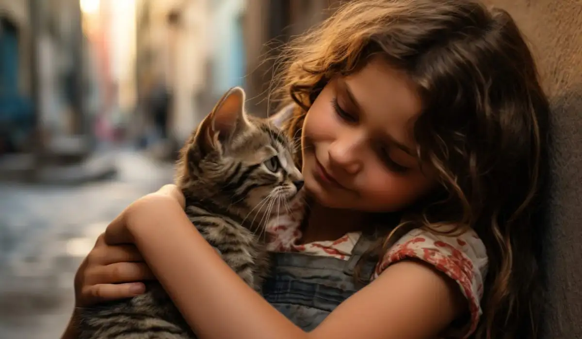 Little girl hugging an adorable kitten in the city