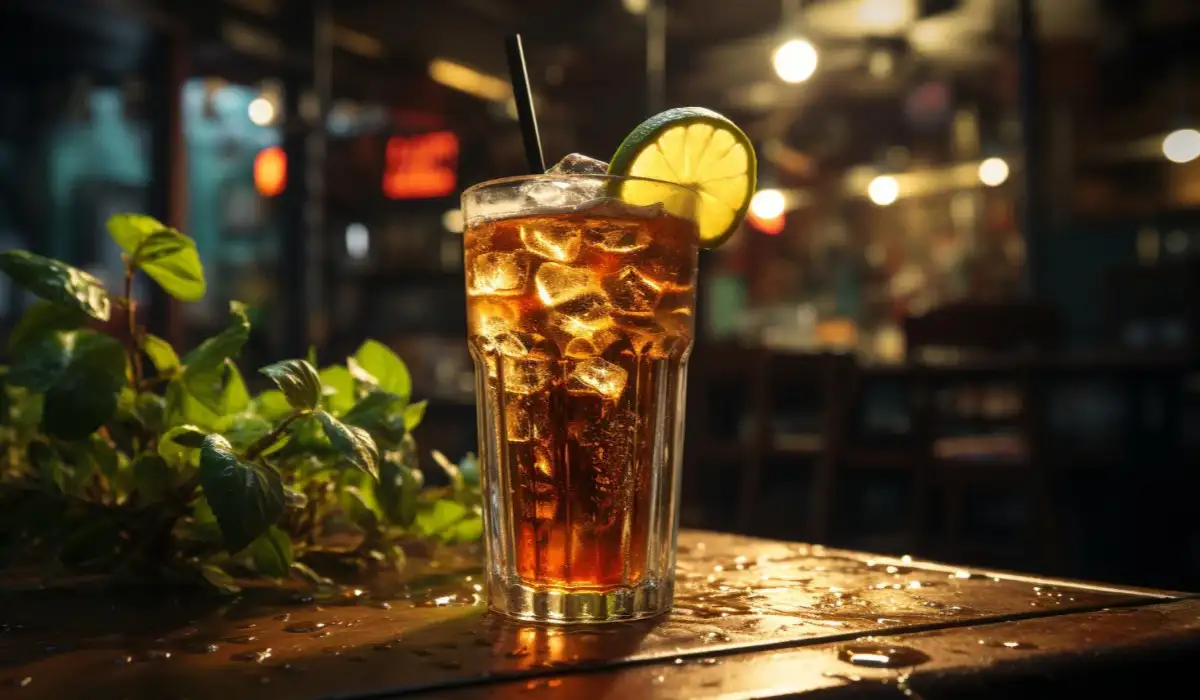 Refreshing iced tea on a wooden bar