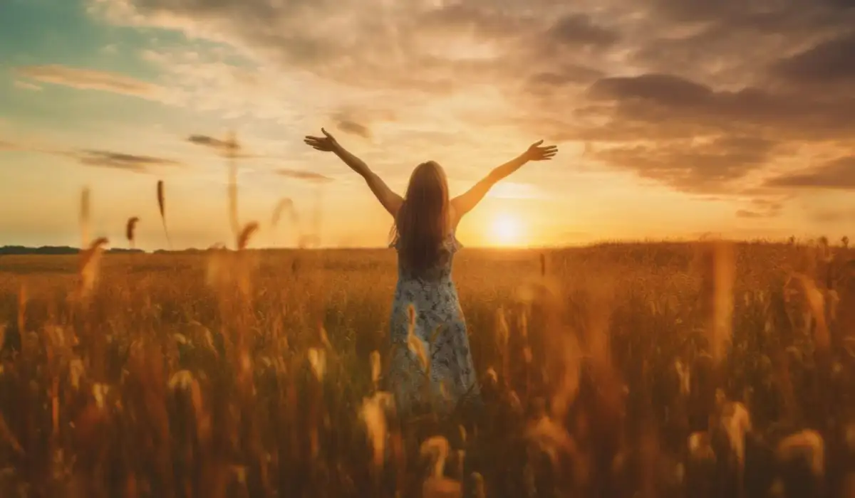 Woman raising hands at sunset over a wheat field