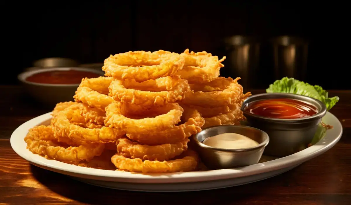 View of delicious plate of onion rings with sauce and mayonnaise on the side