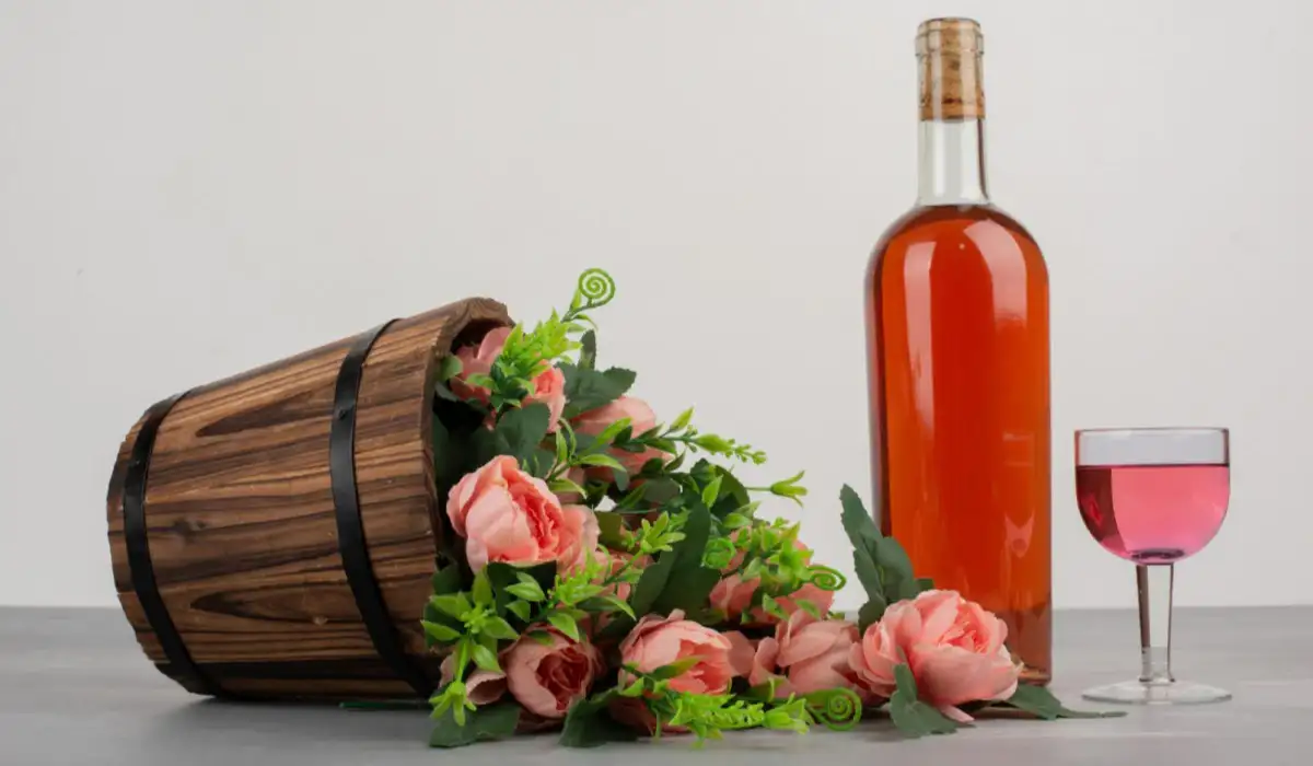 Beautiful bouquet of flowers and bottle of rose wine on grey table