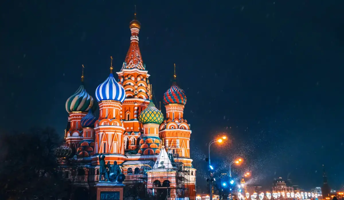 St. Basil's Cathedral on Red Square in Moscow in Russia at night in winter