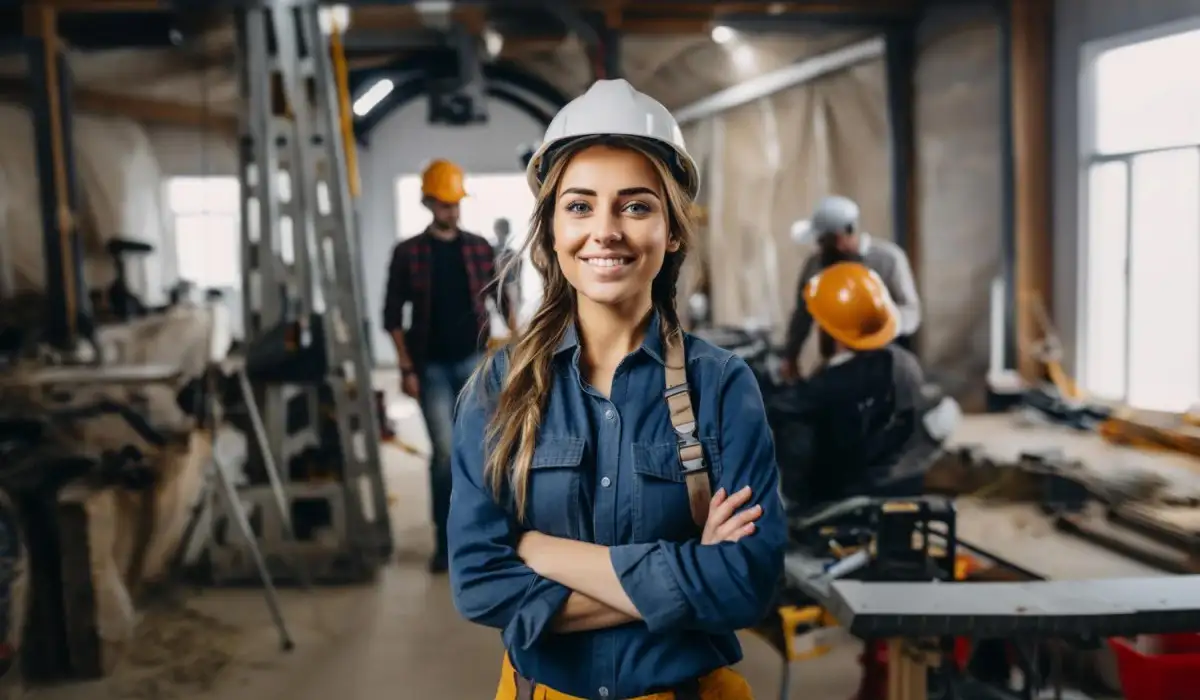 Portrait of female industry maintenance engineer wearing uniform and safety helmet in factory