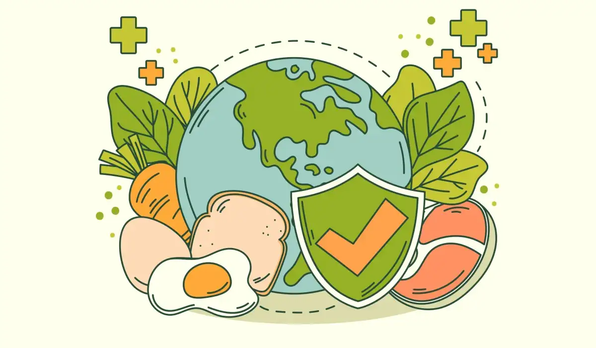 A world with a shield and various foods on the side in illustration of world food safety day