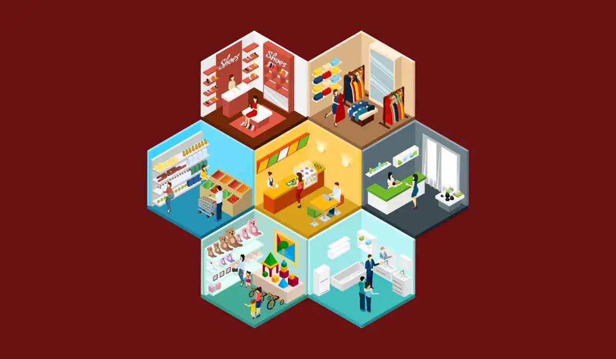 Shopping mall hexagonal pattern isometric composition