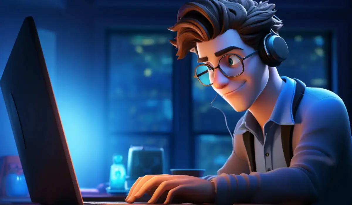 Geek man in front of laptop with headphones