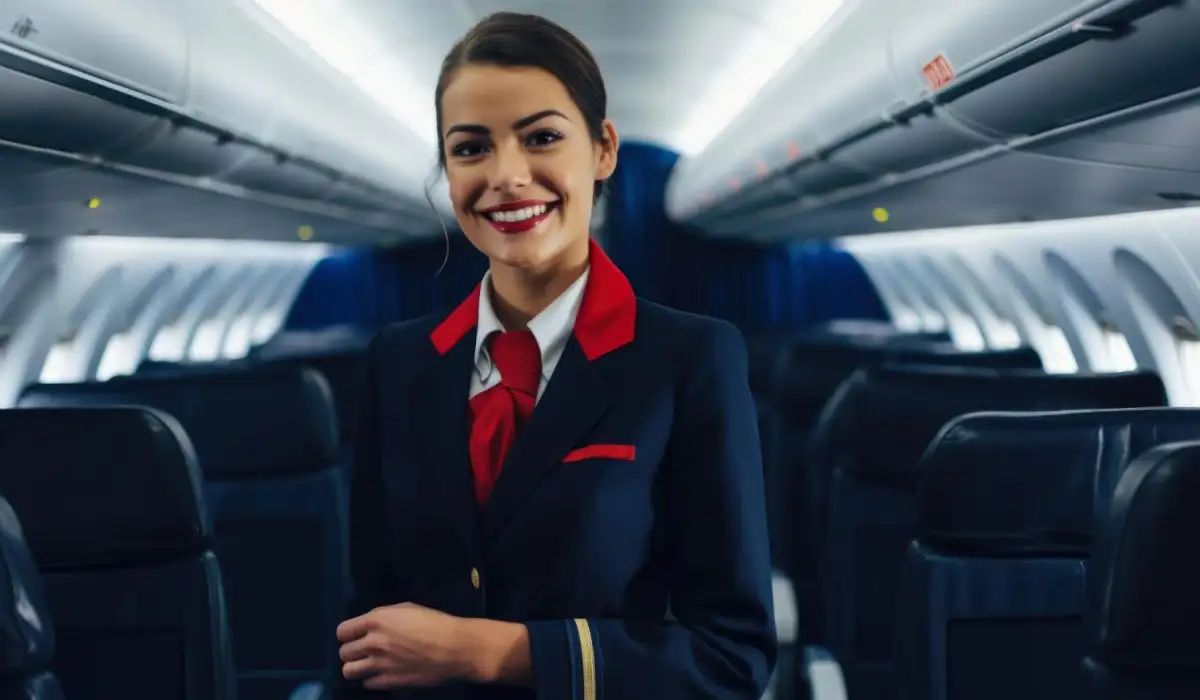 Elegant flight attendant in a navy blue uniform with a bright red scarf