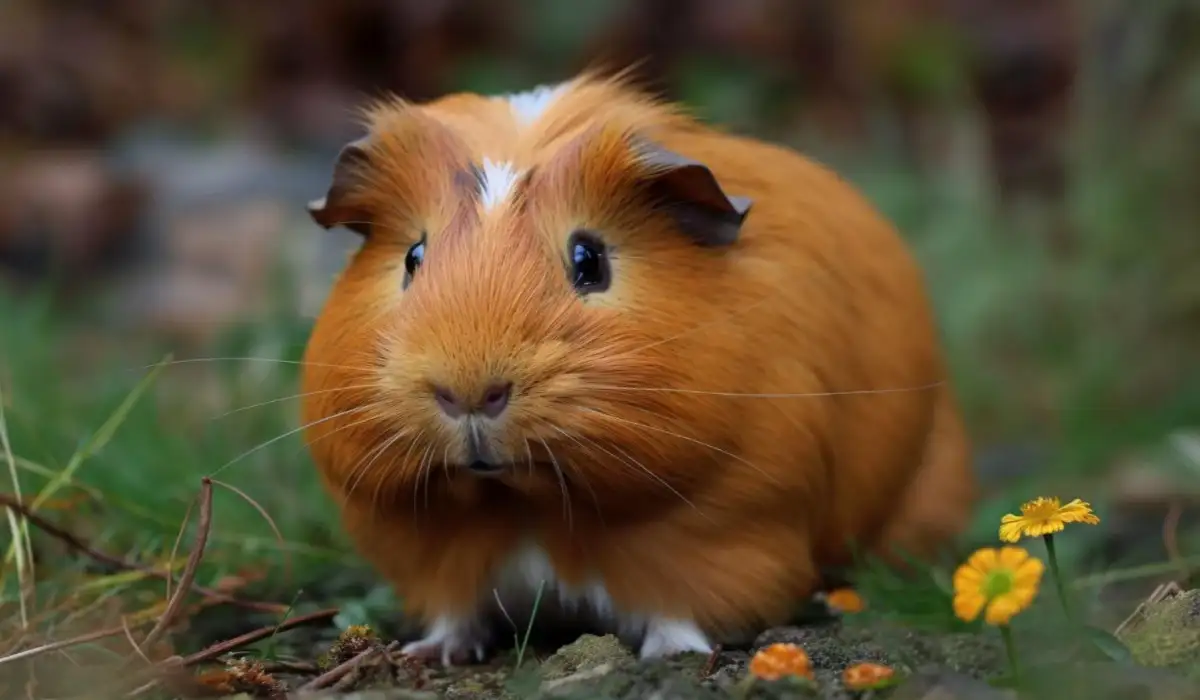 Fluffy guinea pig sitting on green grass