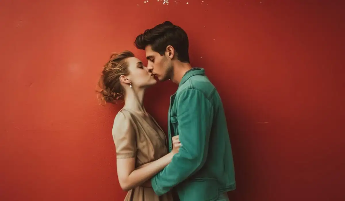 A man and woman kiss in front of a red wall
