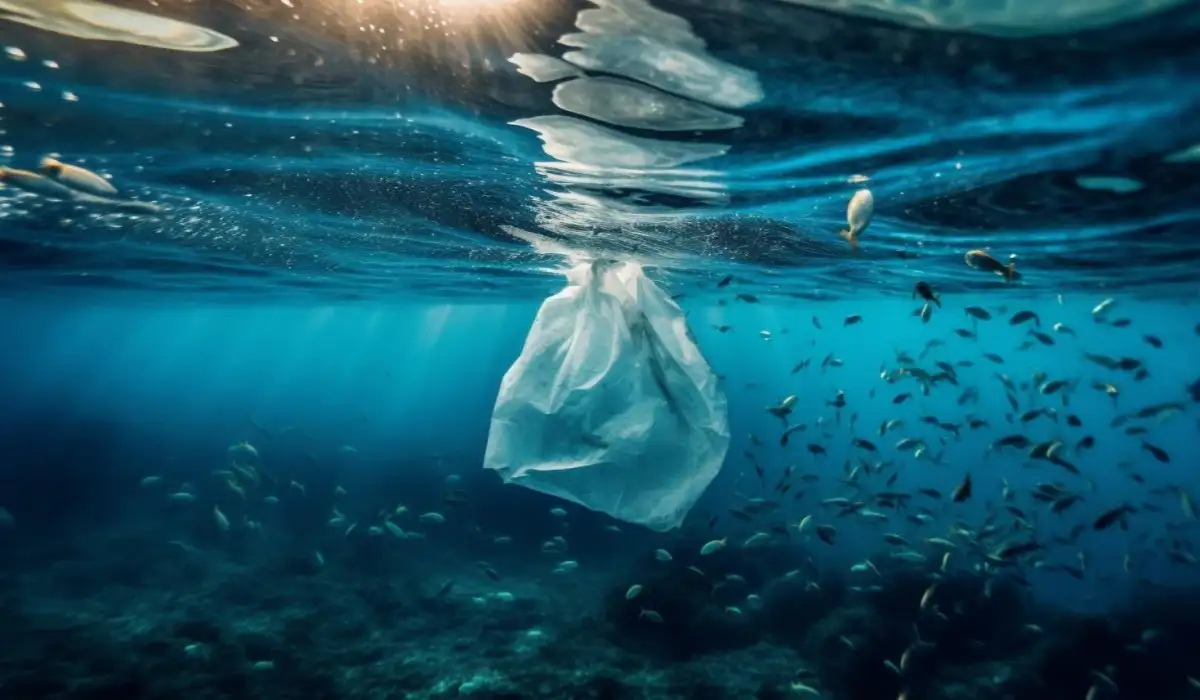A plastic bag floating next to tropical fish in an underwater paradise
