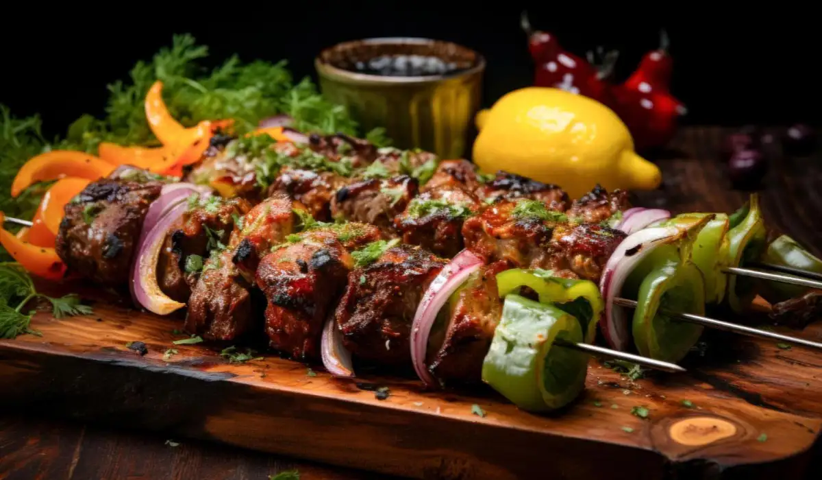 Shish kebab with peppers, vegetables and herbs on a wooden board, tasty and healthy food