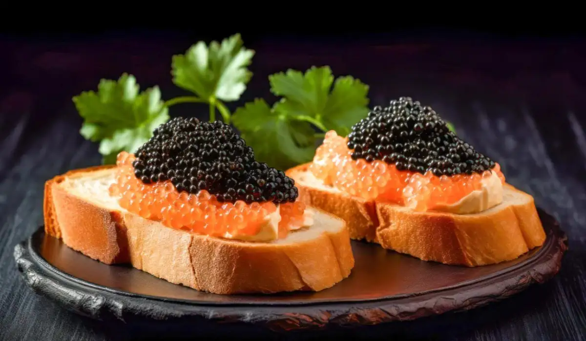Black caviar toast on red caviar on dark background