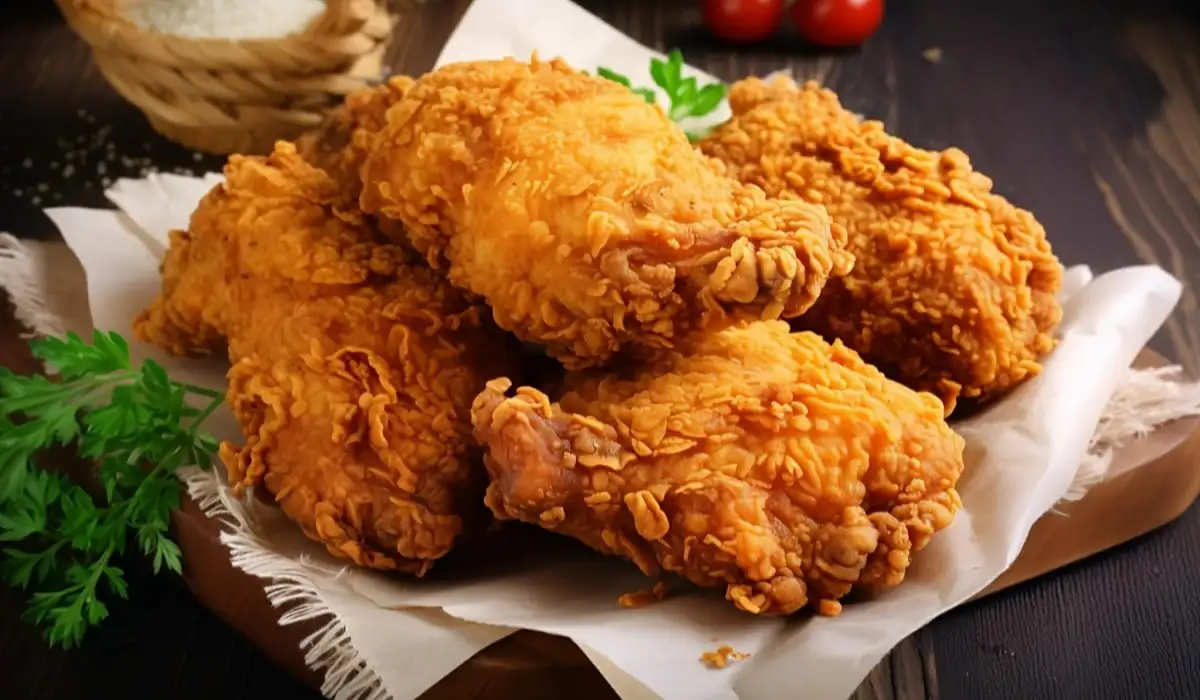 A basket of fried chicken sits on a wooden table