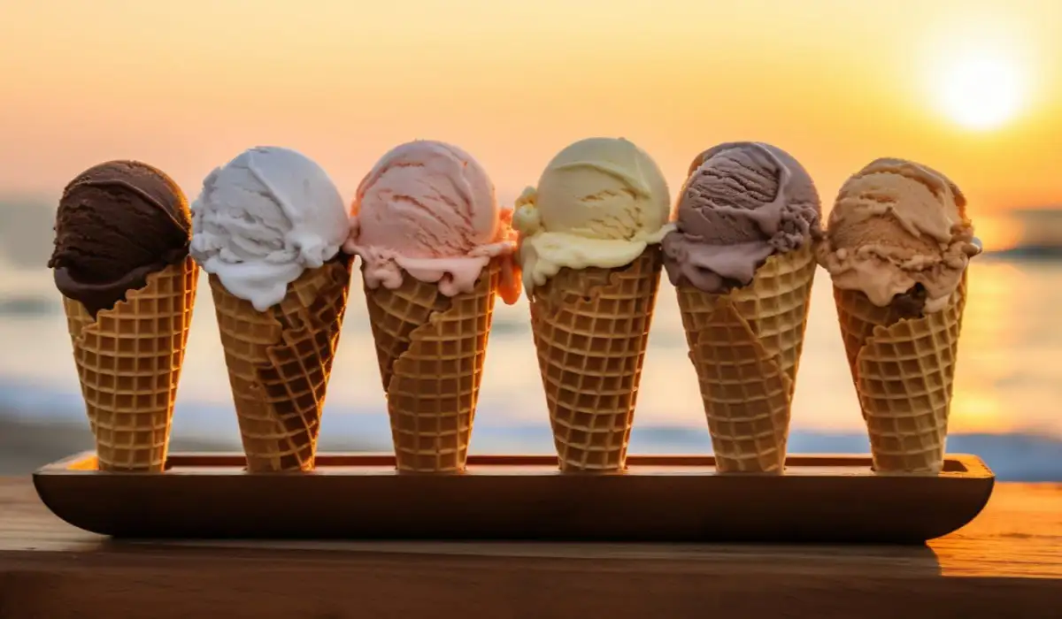 Arrangement of delicious ice cream on the seashore.